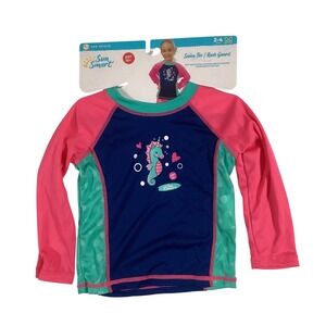 Sun Smart Girls Seahorse Rash Guard Swim Tee UPF 50+ Pink Navy Blue Size 2-4y